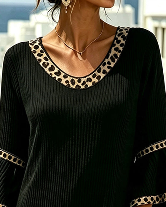 Kleid Schlagärmel Gerippt Leopard