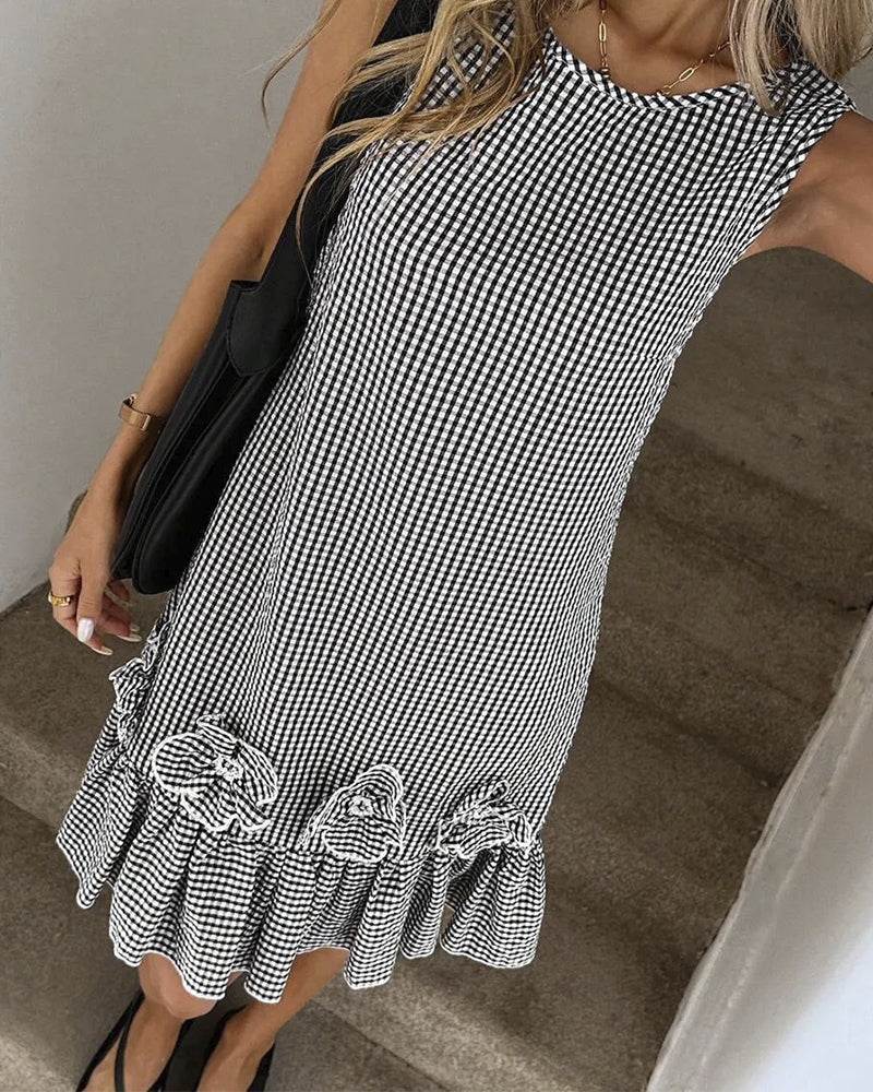 Kleid Ärmellos 3D Blume Karomuster
