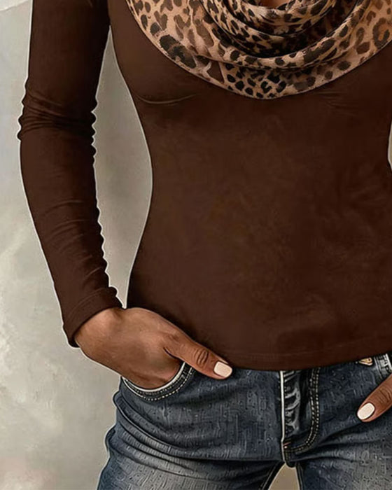 Oberteil Cowl-Neck Leopard Patchwork Eng Anliegend