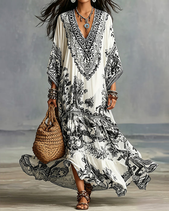 Kleid V-Ausschnitt Bohemian Ausgestellt Asymmetrisch
