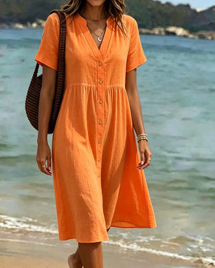 Kleid V-Ausschnitt Knopfleiste Resort Stil