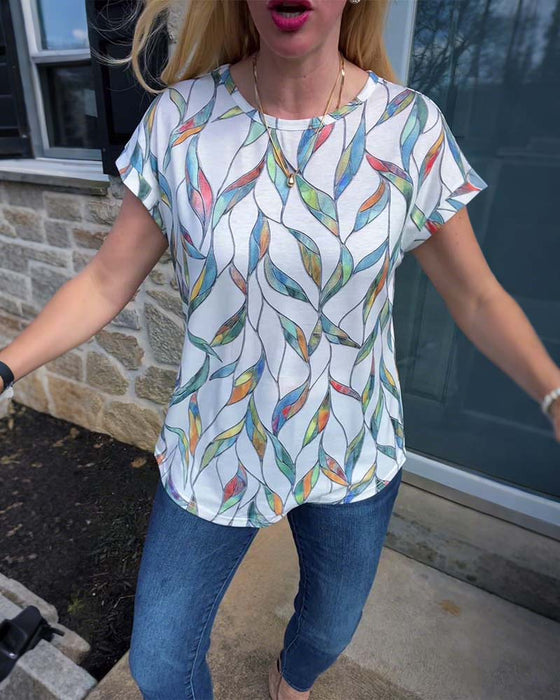 T-Shirt Rundhals Bunte Blätter Print