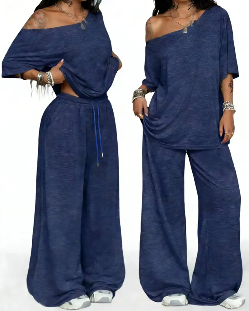 Set Schräger Hals Kordelzug In Der Taille Weit Bein Hose