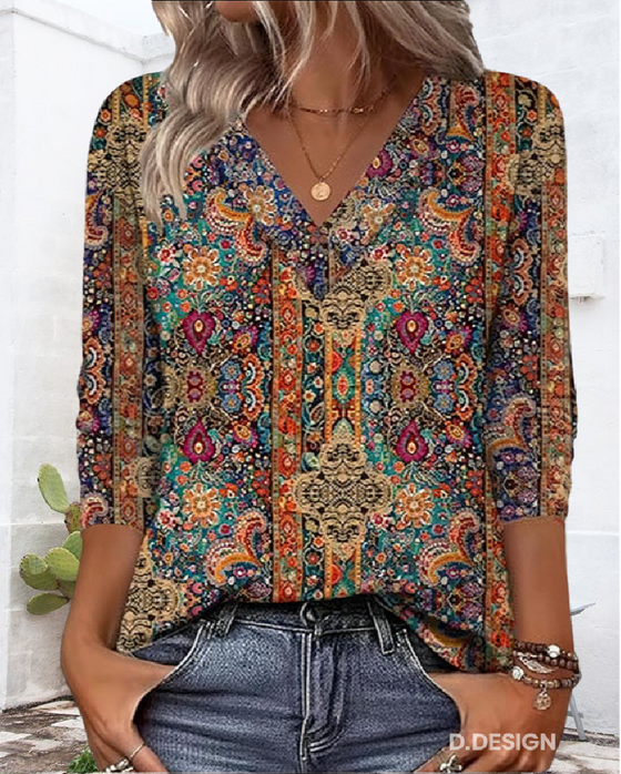 Bluse Retro Gedruckt V-Ausschnitt