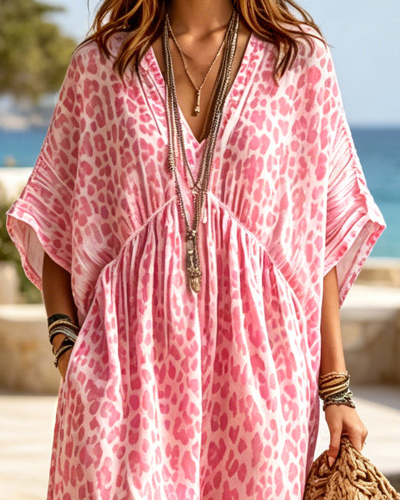 Kleid Locker V-Ausschnitt Leopard Tailliert