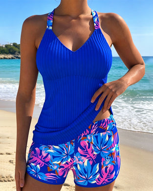 Gerippter Tankini mit Druck im Boxer-Stil