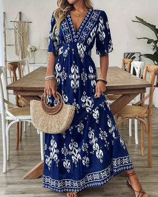 Kleid V-Ausschnitt Druck Weiter Rock Hohe Taille