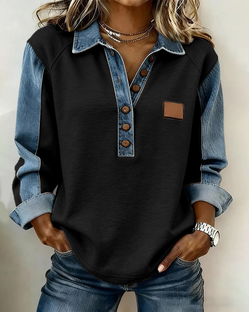Sweatshirt mit stylischem Denim-Patchwork und langen Ärmeln