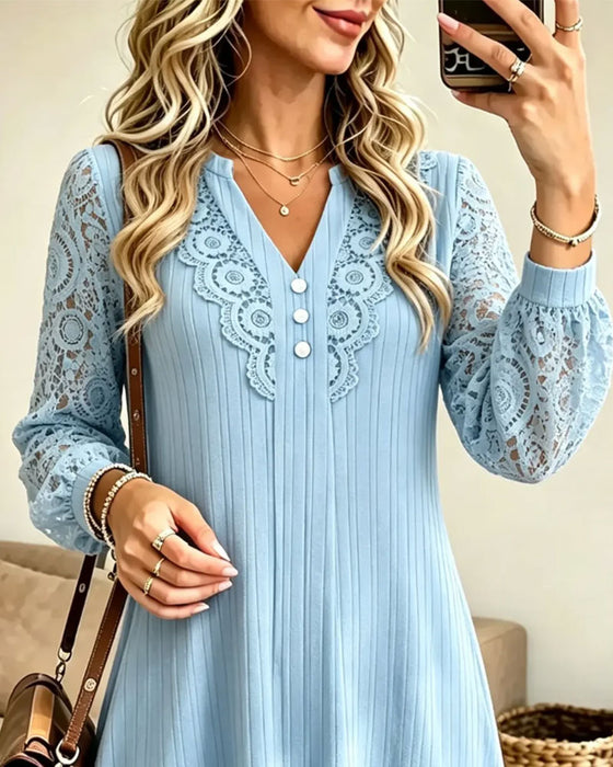 Kleid Spitze Langarm V-Ausschnitt A-Linie