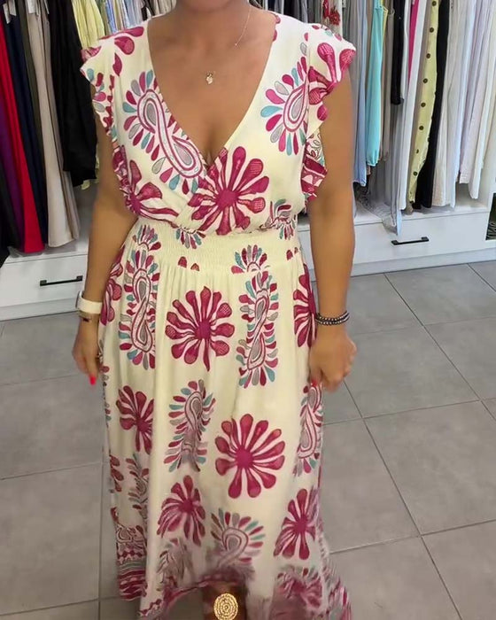 Kleid Blumen Taille-Zug Flatter-Ärmel Urlaub Maxi
