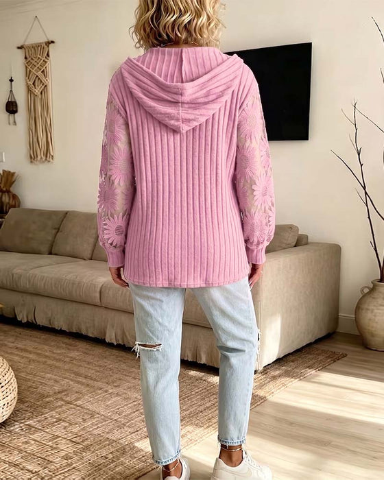 Bluse Kapuze V-Ausschnitt Spitze Patchwork Gerippt