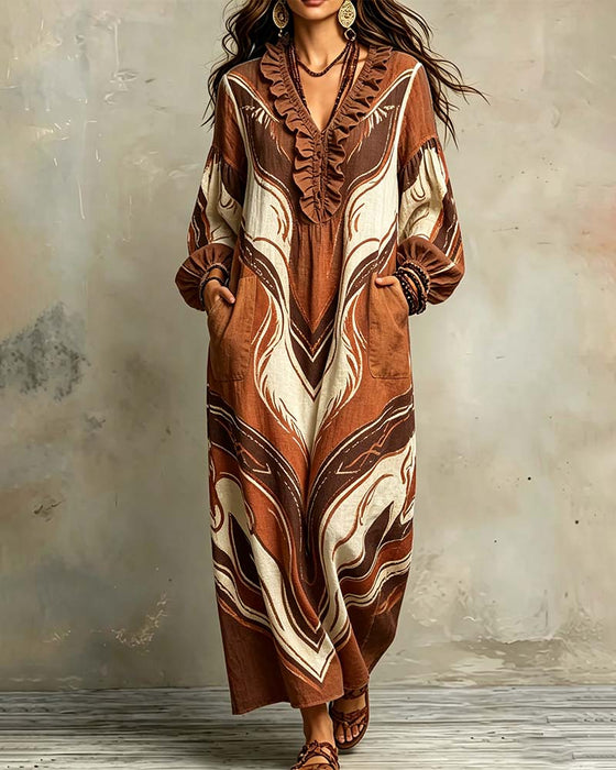 Kleid Rüsche Tasche Puff Ärmel V-Ausschnitt