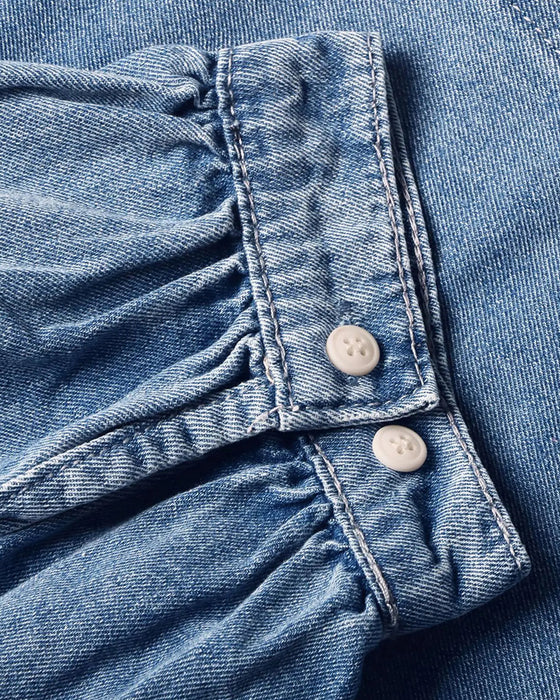 Hemd Druckknopf Denim Laternenärmel Locker