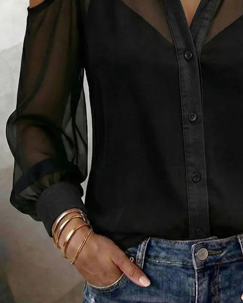 Zweiteilig Set Kragen Nackte Schulter Durchsichtig Bluse Top