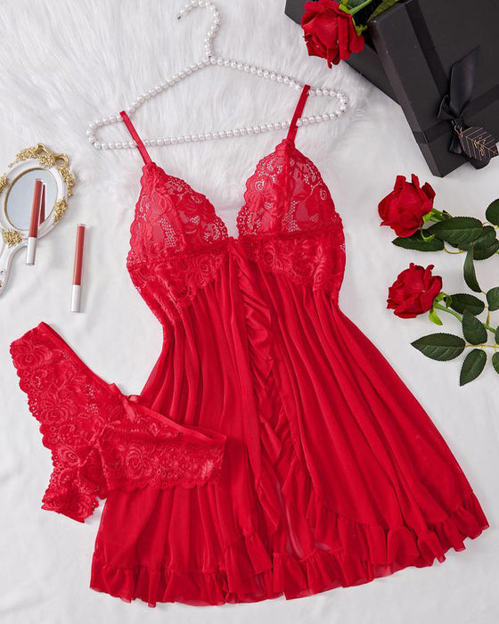 Cami Nachthemd & Schleifen-Deko Slip Set Damen Sexy Rüschenbesatz Spitze
