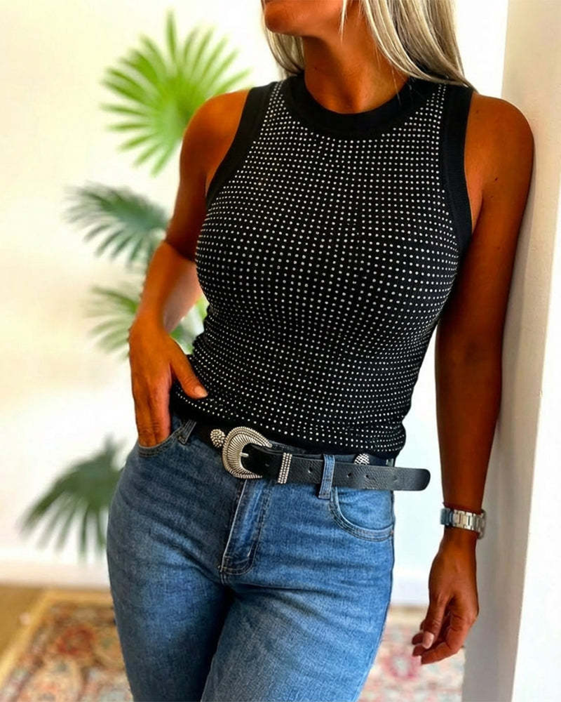 Tanktop Einfarbig Gerippt Strass Eng Anliegend