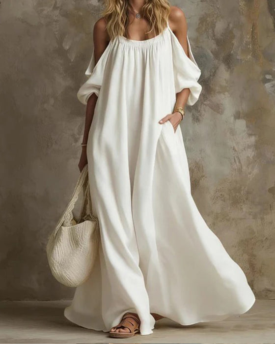 Kleid Träger Off-Shoulder Weiter Rock Uni Tasche
