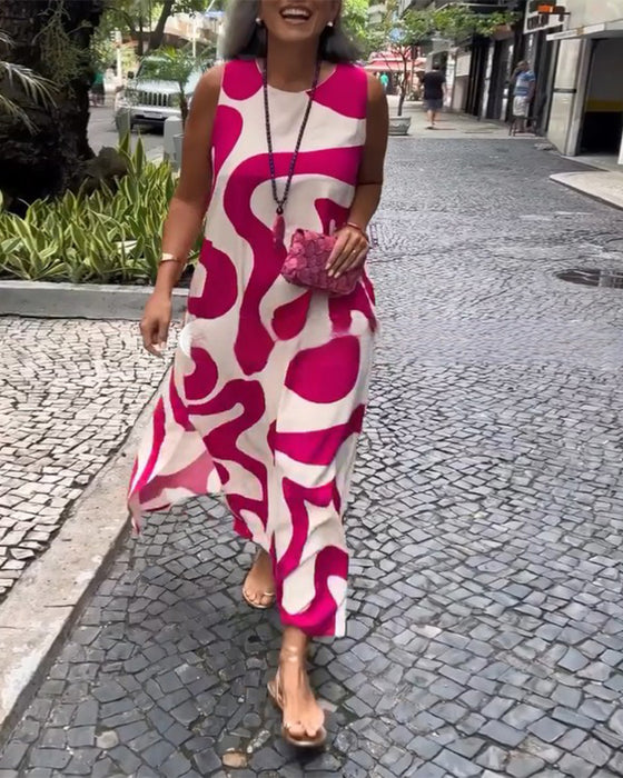 Rundhals-Armloses Kleid Mit Geometrischem Druck