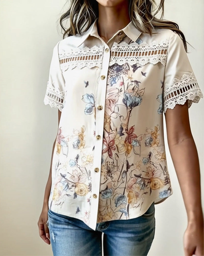 Hemd Blumig Spitze Patchwork Kurzarm
