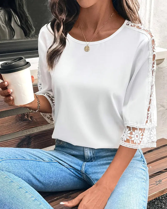 T-Shirt Einfarbig Loch Haken Patchwork