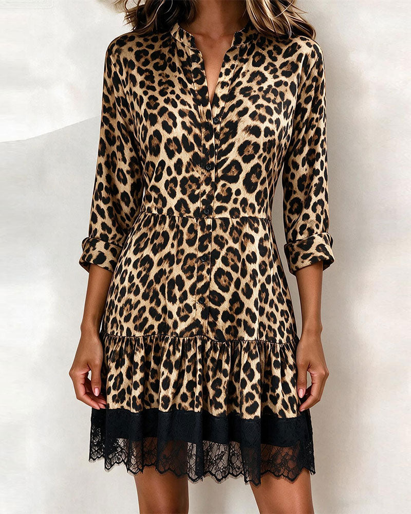 Kleid Leopardenmuster Stehkragen Dreiviertelarm