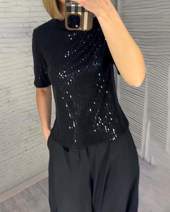 Figurformende Pailletten T-Shirt mit kurzen Ärmeln