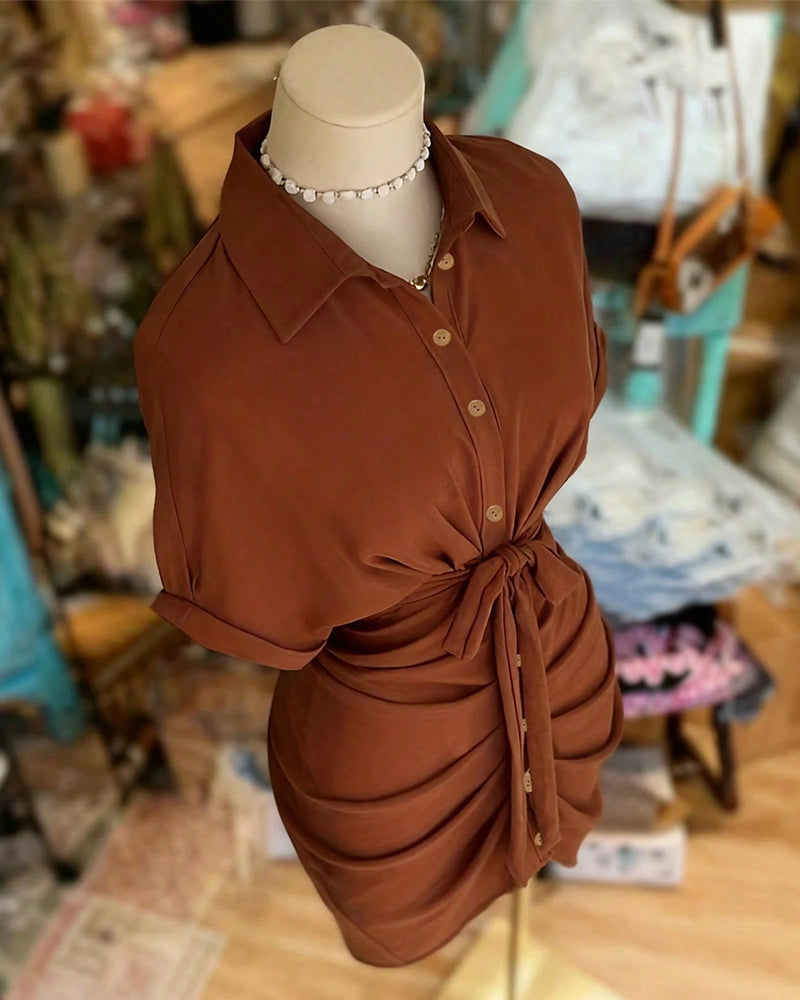 Kleid Binden Knopf Plissiert Hemd Kragen