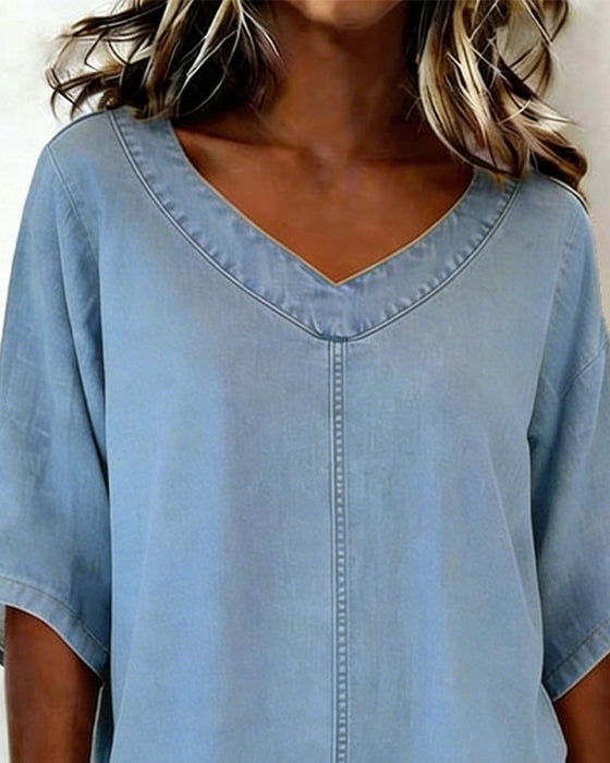 Top V-Ausschnitt Lässig Denim