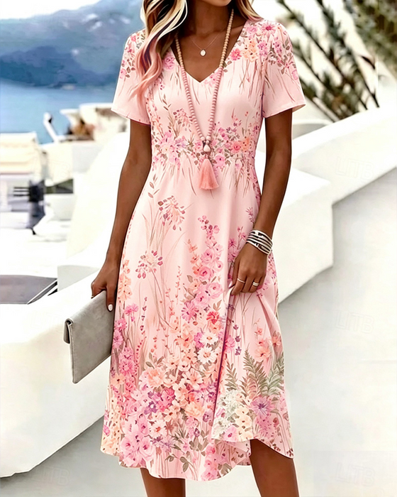Kleid V-Ausschnitt Blumen Kurzarm A-Linie