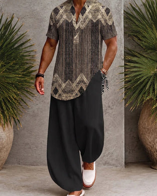Bluse V-Ausschnitt Gestreift Herren Kurzarm