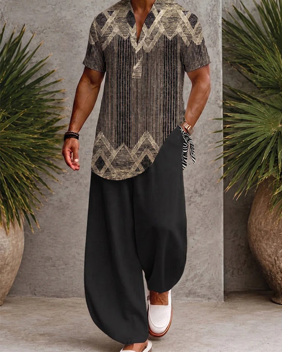 Bluse V-Ausschnitt Gestreift Herren Kurzarm