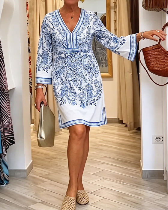 Kleid Lässig V-Ausschnitt Bedruckt