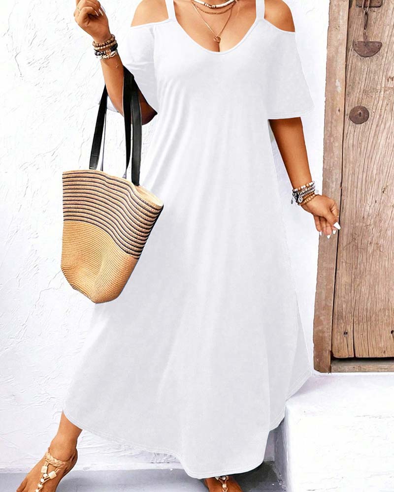 Kleid Einfarbig V-Ausschnitt Off-Shoulder Lang