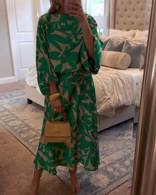 Set Kleid Lässiges Bedrucktes Laternenärmel Temperament