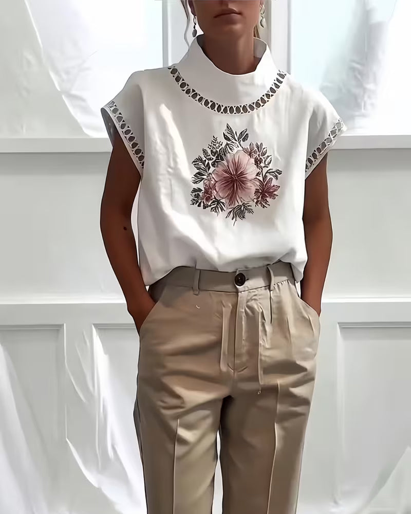 T-Shirt Halber Rollkragen Ärmellos Durchbrochen