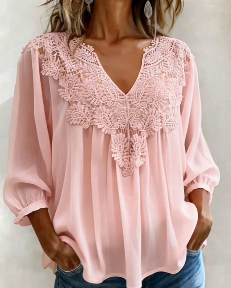Bluse V-Ausschnitt Spitze Einfarbig