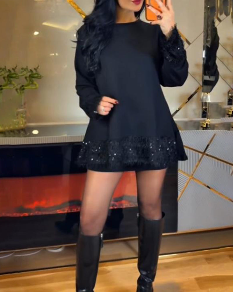 Bluse Mit Langarm-Design, Paillettenverzierung Und Panel-Detail, Glamour Stimmung