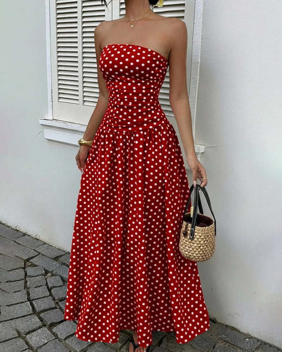 Kleid Tupfen Bandeau A-Linie Lang