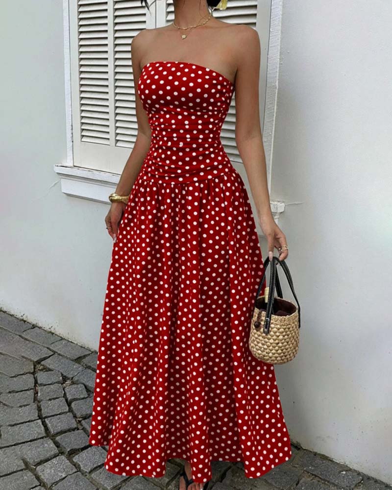 Kleid Tupfen Bandeau A-Linie Lang
