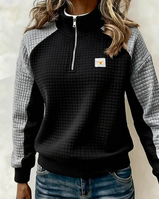 Sweatshirt Stehkragen Waffelmuster Colorblock