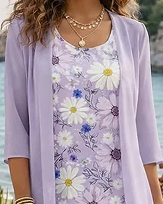 Set Blumiges Ärmelloses Kleid Überwurf