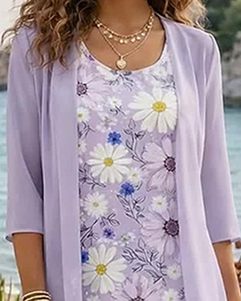 Set Blumiges Ärmelloses Kleid Überwurf