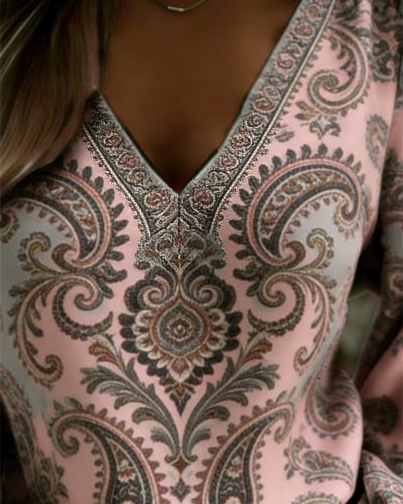 Bluse Paisley Muster V-Ausschnitt Laterne Ärmel