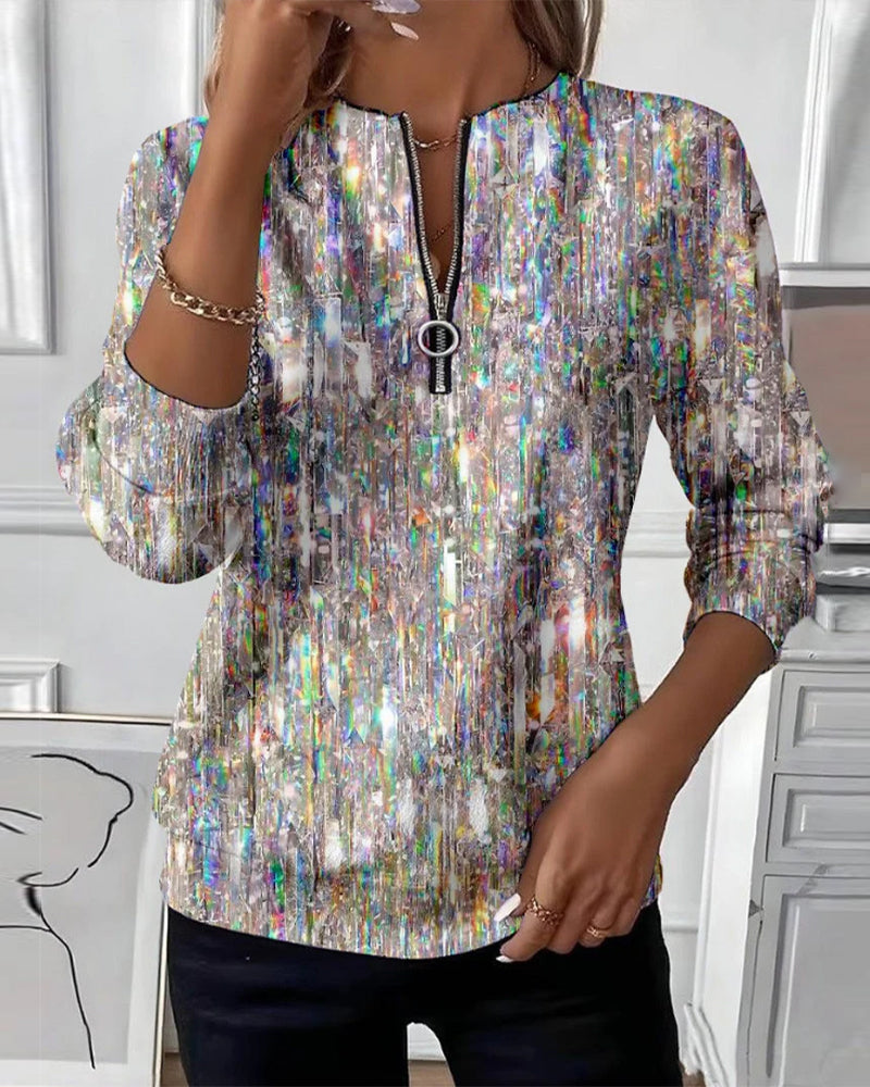 Bedrucktes langärmeliges Sweatshirt mit Halbreißverschluss