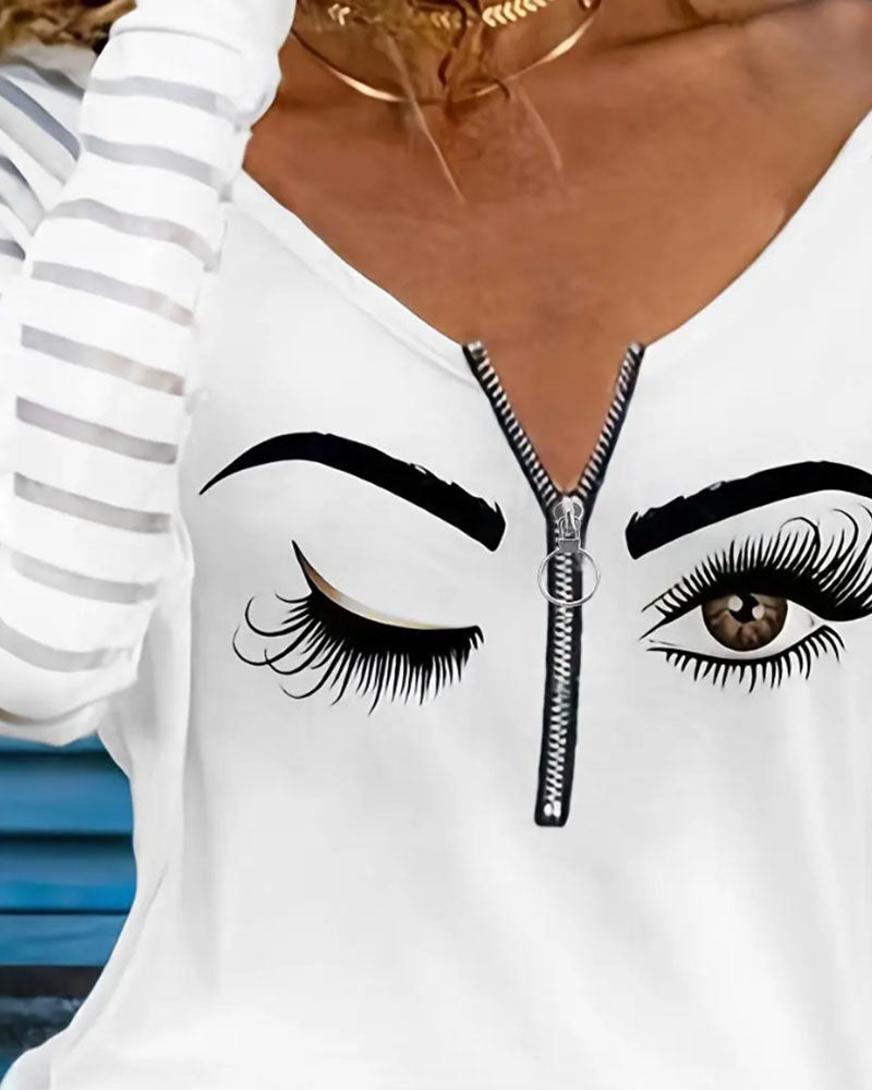 Top Bedruckt Gestreift Patchwork Halb-Zip
