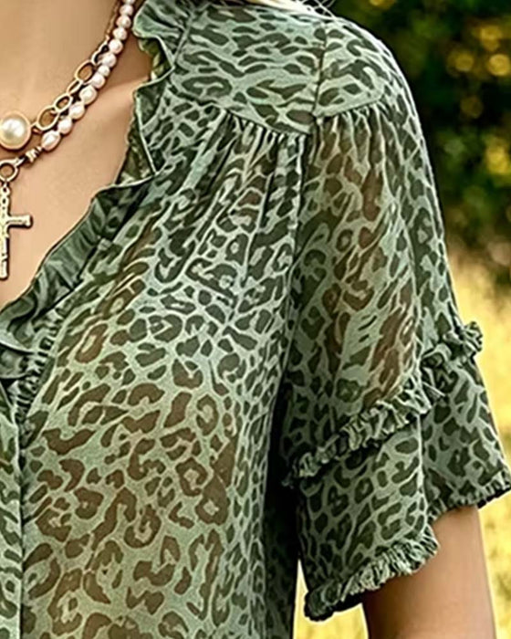 Bluse Grünton Leopard Druck Rüsche