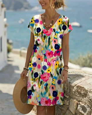 Kleid Ölgemälde Blumenprint Kurzarm