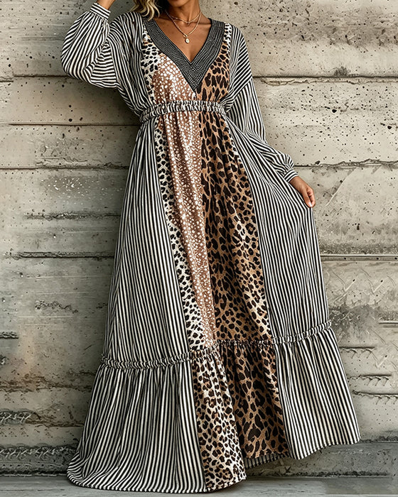 Kleid V-Ausschnitt Gestreift Leopardenmuster Patchwork