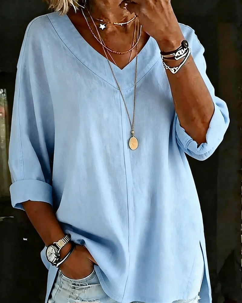 Top V-Ausschnitt Sieben-Ärmel Geteilt Baumwolle Leinen