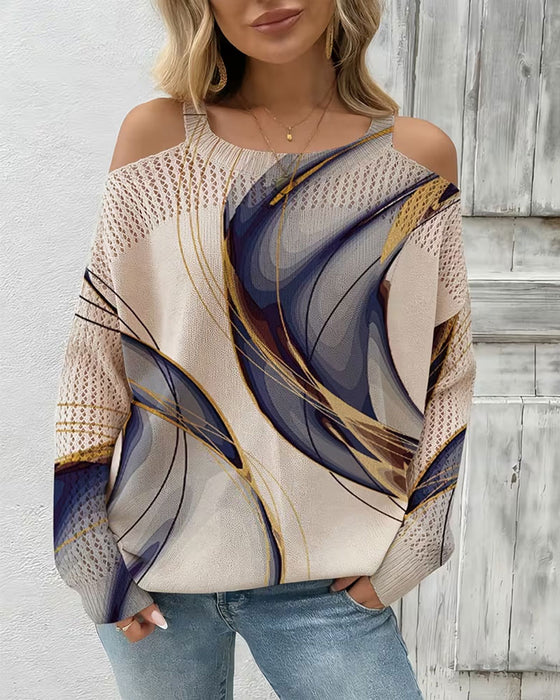 Pullover Stilvoll Druck Ausgeschnitten Off-Shoulder